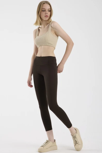 Yumuşak Dokulu Yüksek Bel Toparlayıcı Tayt - Kahve - Resim 2