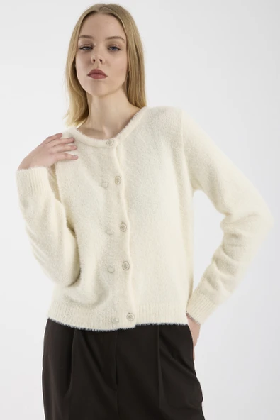 Metal Düğme Detaylı Sakallı Triko Hırka - Kemik - Resim 3