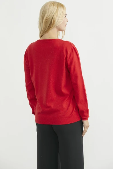 Sim Detaylı V Yaka Triko Kazak - Kırmızı - Resim 6