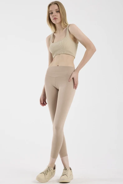 Yumuşak Dokulu Yüksek Bel Toparlayıcı Tayt - Bej ürün görseli 1