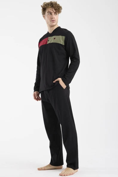 Blok Detaylı Regular Fit Pijama Takım - Siyah - Resim 4