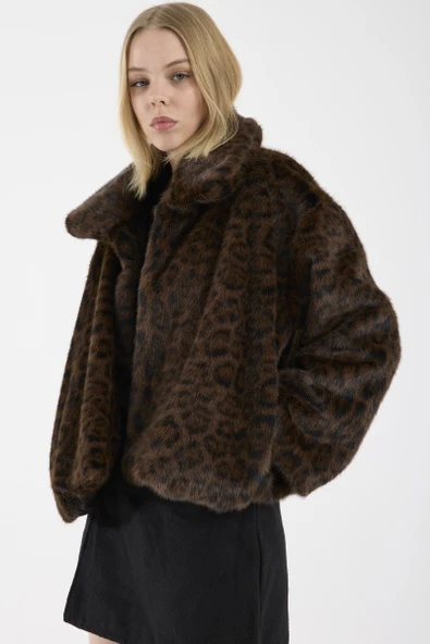 Leopar Desenli Kısa Suni Kürk Kaban - Kahve - Resim 2