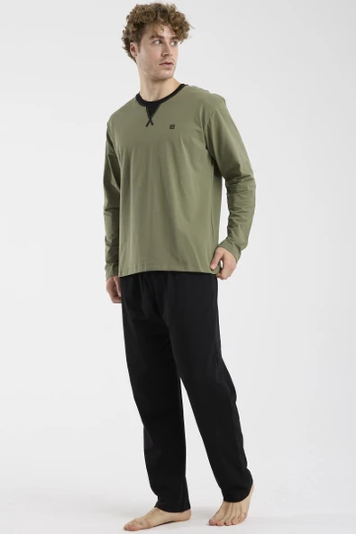 Bisiklet Yaka Uzun Kol Pijama Takım - Haki - Resim 4