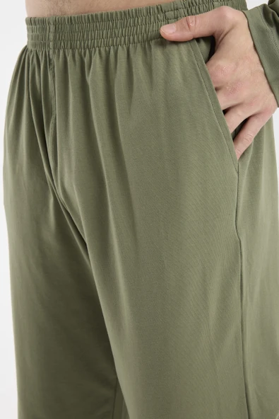 Blok Detaylı Regular Fit Pijama Takım - Haki - Resim 5