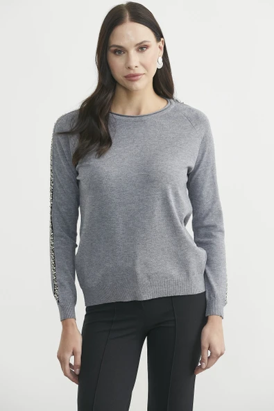 Yuvarlak Yaka Kol Detaylı Triko Kazak - Gri ürün görseli 1