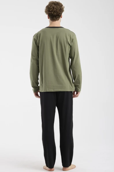 Bisiklet Yaka Uzun Kol Pijama Takım - Haki - Resim 5