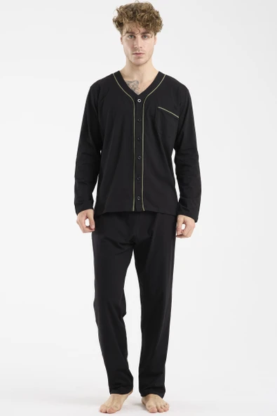 V Yaka Düğmeli Pijama Takım - Siyah ürün görseli 1