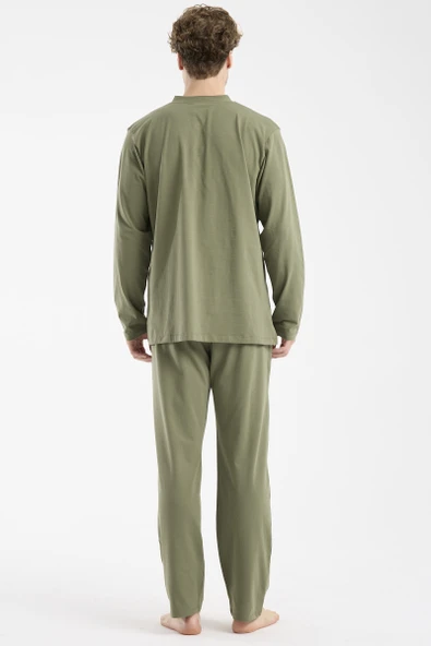 Blok Detaylı Regular Fit Pijama Takım - Haki - Resim 6