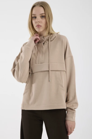 Oversize Yumuşak Dokulu Sweatshirt - Bej - Resim 4