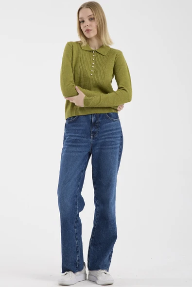 İnci Düğmeli Yakalı Triko Kazak - Yeşil - Resim 3