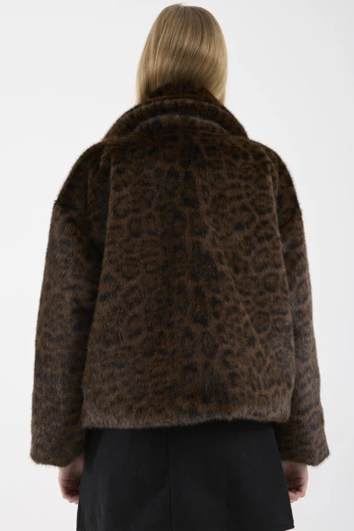 Leopar Desenli Kısa Suni Kürk Kaban - Kahve - Resim 6