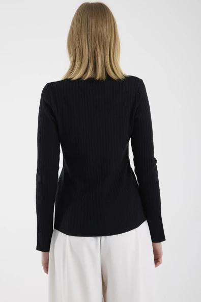 Kare Yaka Fitilli Triko Kazak - Siyah - Resim 4