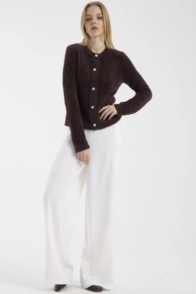 Sakallı Yumoş Düğmeli Triko Hırka - Kahve - Resim 3