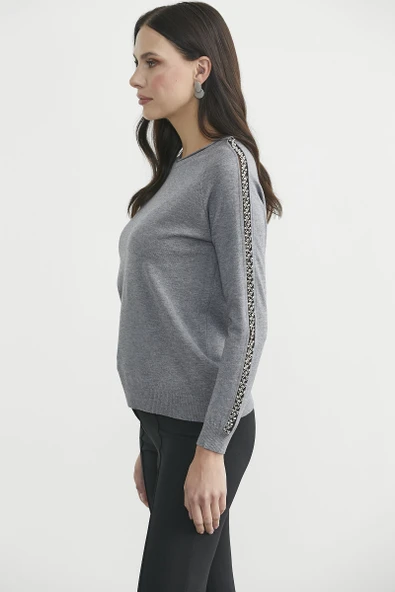 Yuvarlak Yaka Kol Detaylı Triko Kazak - Gri - Resim 4
