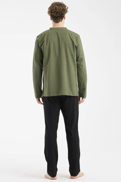 Düğme Yakalı Rahat Kalıp Pijama Takım - Haki - Resim 6