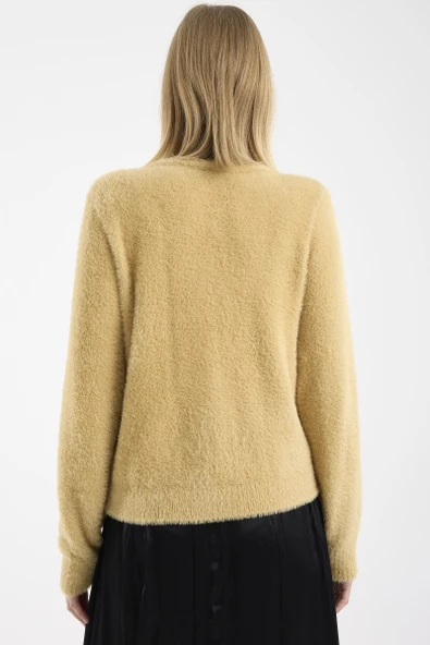 Metal Düğme Detaylı Sakallı Triko Hırka - Bej - Resim 6