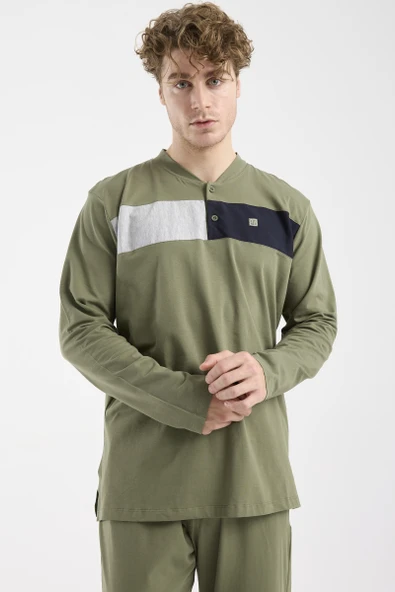 Blok Detaylı Regular Fit Pijama Takım - Haki - Resim 4