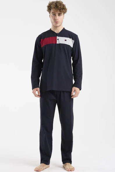 Blok Detaylı Regular Fit Pijama Takım - Lacivert ürün görseli 1