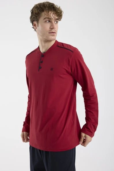 Düğme Yakalı Rahat Kalıp Pijama Takım - Bordo - Resim 4