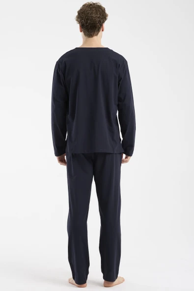 V Yaka Düğmeli Pijama Takım - Lacivert - Resim 6
