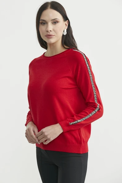 Yuvarlak Yaka Kol Detaylı Triko Kazak - Kırmızı - Resim 4