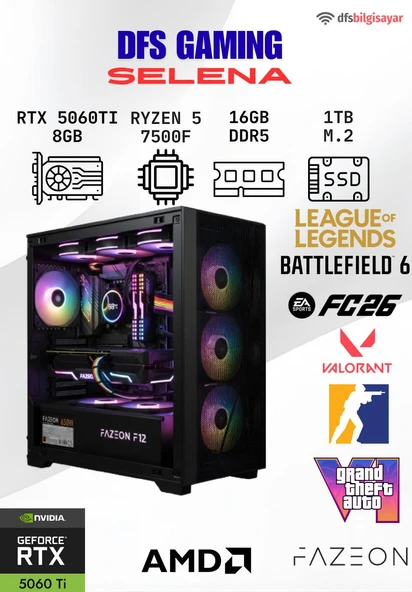 DFS GAMING SELENA RYZEN 5 7500F-B650M-RTX 5060 TI 8GB-16GB DDR5 RAM-1TB M.2 SSD-MASAÜSTÜ OYUNCU BİLGİSAYARI ürün görseli 1