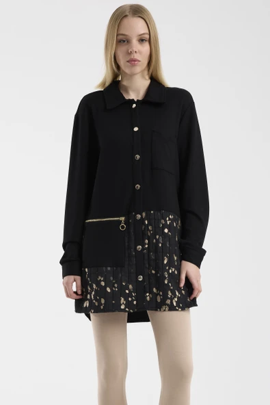 Gömlek Yaka Garnili Çıtçıtlı Tunik - Siyah ürün görseli 1