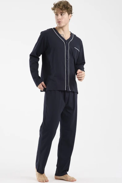V Yaka Düğmeli Pijama Takım - Lacivert - Resim 3