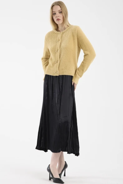 Metal Düğme Detaylı Sakallı Triko Hırka - Bej - Resim 5