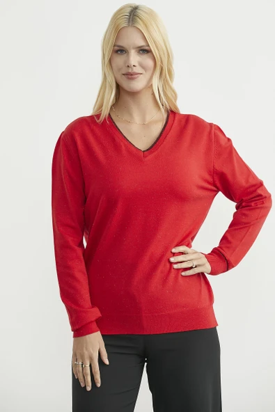 Sim Detaylı V Yaka Triko Kazak - Kırmızı - Resim 4