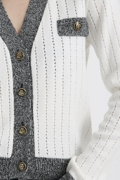 Kontrast Şeritli Triko Hırka - Kemik - Resim 4