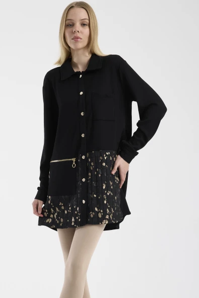 Gömlek Yaka Garnili Çıtçıtlı Tunik - Siyah - Resim 2