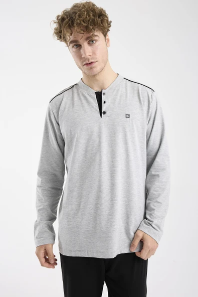 Düğme Yakalı Rahat Kalıp Pijama Takım - Gri - Resim 4