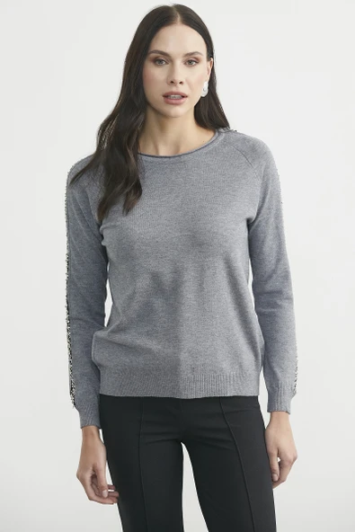 Yuvarlak Yaka Kol Detaylı Triko Kazak - Gri - Resim 2