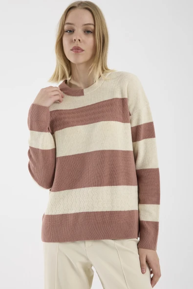 Blok Çizgili Düşük Omuzlu Triko Kazak - Gül - Resim 4