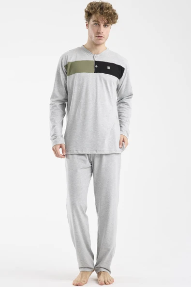 Blok Detaylı Regular Fit Pijama Takım - Gri - Resim 3