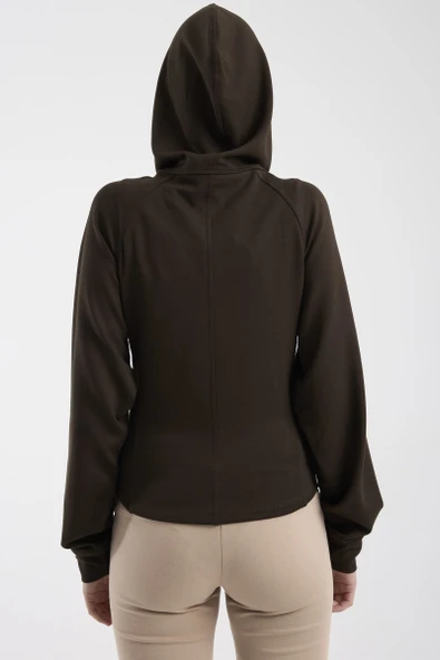 Yumuşak Dokulu Crop Sweatshirt - Kahve - Resim 6