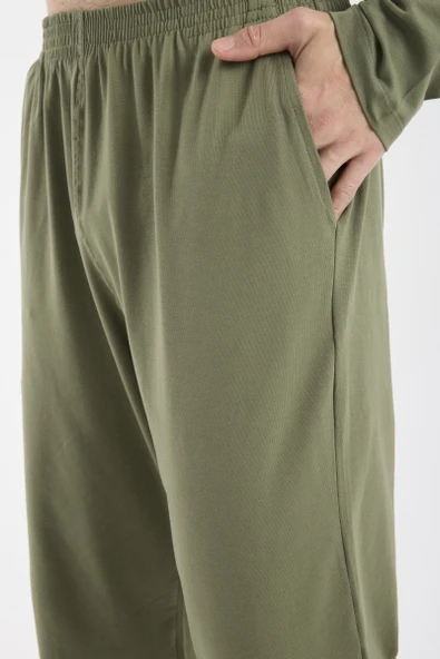 V Yaka Düğmeli Pijama Takım - Haki - Resim 5