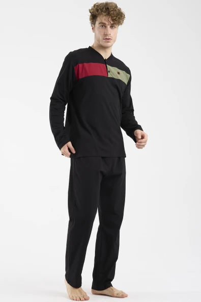 Blok Detaylı Regular Fit Pijama Takım - Siyah - Resim 2