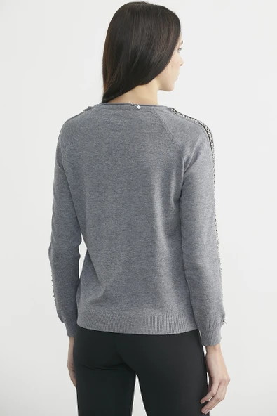 Yuvarlak Yaka Kol Detaylı Triko Kazak - Gri - Resim 5