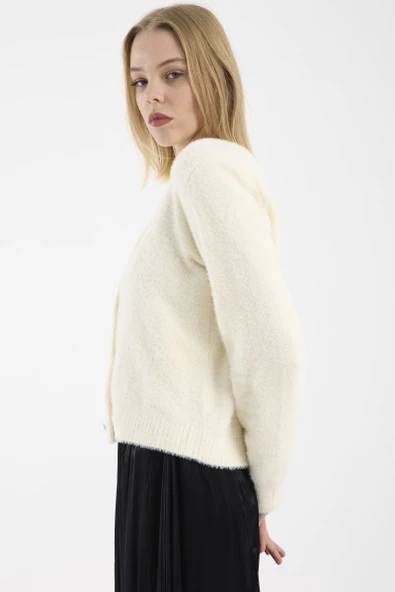 Metal Düğme Detaylı Sakallı Triko Hırka - Kemik - Resim 5