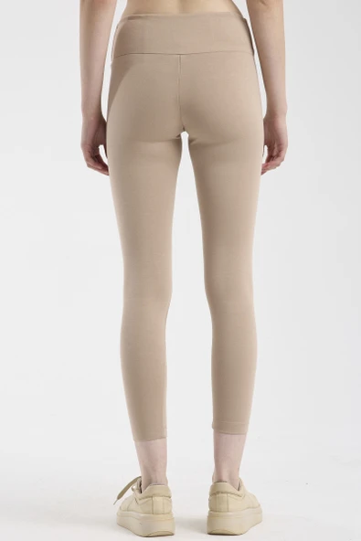 Yumuşak Dokulu Yüksek Bel Toparlayıcı Tayt - Bej - Resim 4