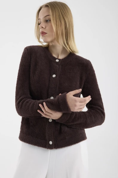 Sakallı Yumoş Düğmeli Triko Hırka - Kahve - Resim 5