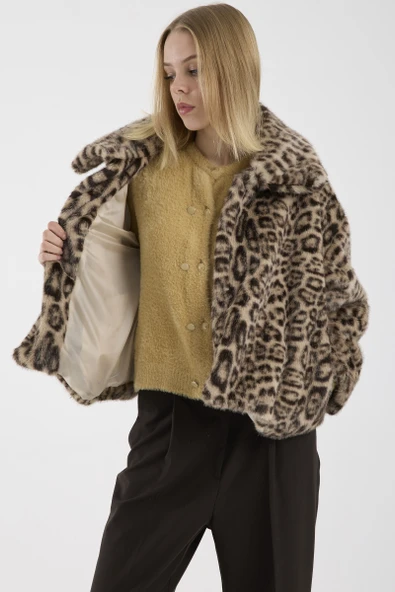 Leopar Desenli Kısa Suni Kürk Kaban - Bej - Resim 3