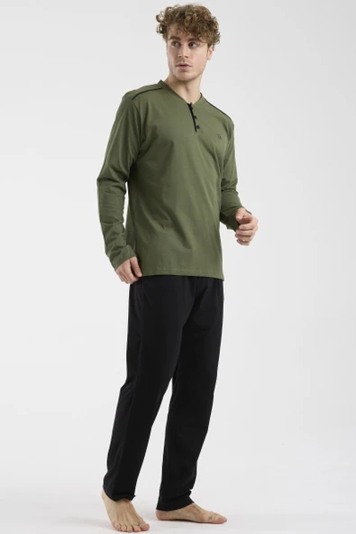 Düğme Yakalı Rahat Kalıp Pijama Takım - Haki - Resim 3