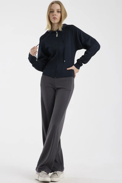 Yumuşak Dokulu Crop Sweatshirt - Lacivert - Resim 2