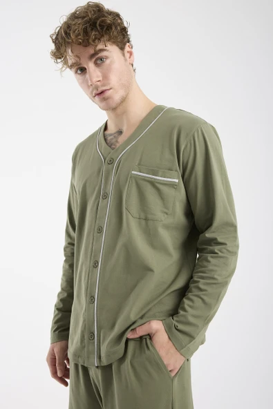 V Yaka Düğmeli Pijama Takım - Haki - Resim 4