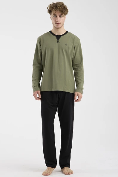 Bisiklet Yaka Uzun Kol Pijama Takım - Haki ürün görseli 1