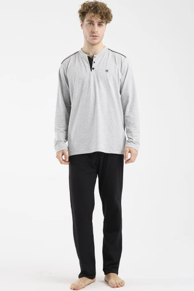 Düğme Yakalı Rahat Kalıp Pijama Takım - Gri ürün görseli 1