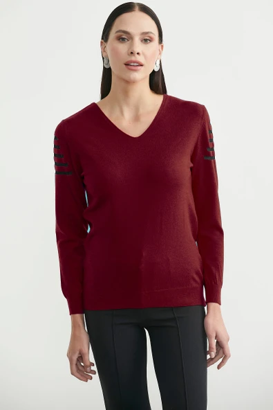Sırt Detaylı V Yaka Triko Kazak - Bordo - Resim 2